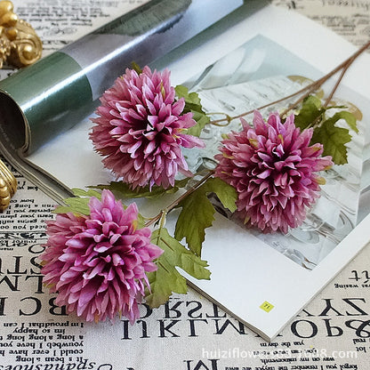 Elegant European-Style Autumn-Themed 3-Head Ball Chrysanthemum - Realistic Silk Flowers for Home Decoration, Handcrafted DIY Floral Arrangements, Perfect for Weddings and Photography