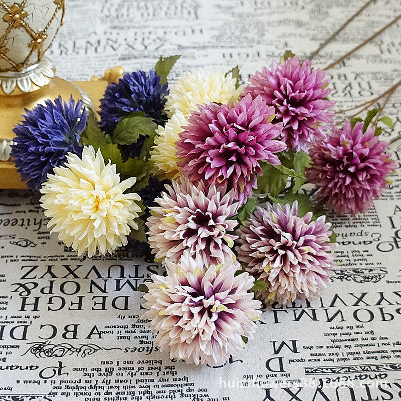 Elegant European-Style Autumn-Themed 3-Head Ball Chrysanthemum - Realistic Silk Flowers for Home Decoration, Handcrafted DIY Floral Arrangements, Perfect for Weddings and Photography