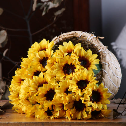 Realistic Sunflower Faux Floral Arrangement - 6 Head Silk Flowers for Elegant Home Décor & Living Room Accent