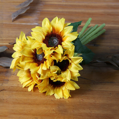 Realistic Sunflower Faux Floral Arrangement - 6 Head Silk Flowers for Elegant Home Décor & Living Room Accent