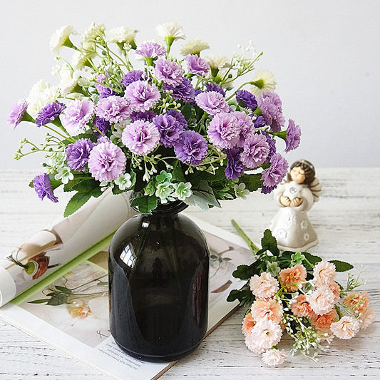 20-Stem Korean Carnation and Lilac Bouquet - Realistic Faux Flowers for Home Décor, Photography, and Stylish Accents