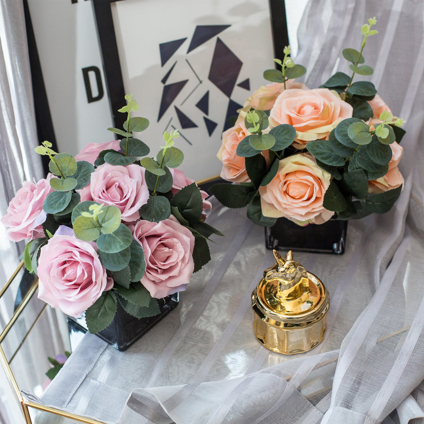 Elegant Black Decorative Flower Vase with Creative Hydrangea Arrangement -  Quality Faux Flowers in Glass Vase for Living Room Décor - Stunning Home Accessory Set for Retail