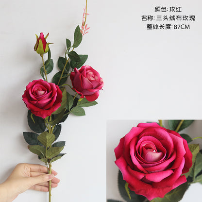 Three-Head Plush Fabric Rose - Realistic Artificial Flower for Home Décor, Wedding Events, and Craft Projects – Ideal Decoration Piece MW03333