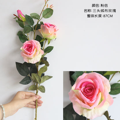 Three-Head Plush Fabric Rose - Realistic Artificial Flower for Home Décor, Wedding Events, and Craft Projects – Ideal Decoration Piece MW03333