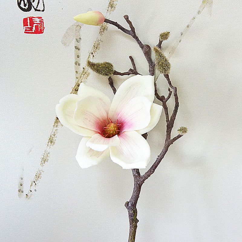 Elegant Soft Gel Short-Stemmed Magnolia & Cotton Flower Faux Floral Arrangement - Ideal for Home Decor, Weddings, and Photography Events