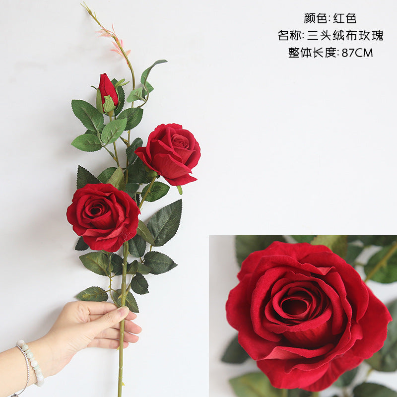 Three-Head Plush Fabric Rose - Realistic Artificial Flower for Home Décor, Wedding Events, and Craft Projects – Ideal Decoration Piece MW03333