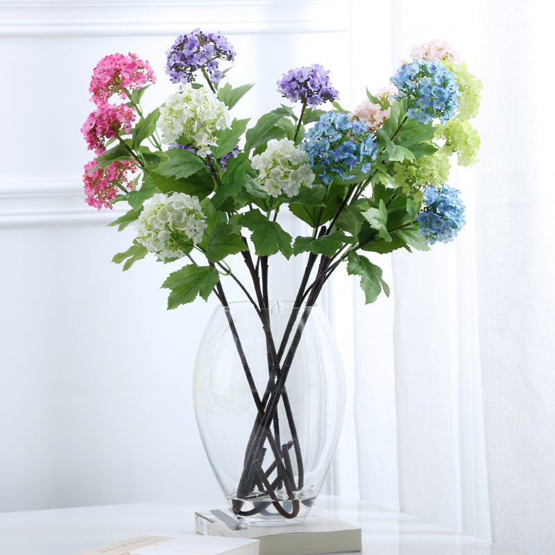 Realistic Wooden Hydrangea Faux Flower Decor - Perfect for Home, Photography, and Wedding Props - Vibrant 3-Headed Design