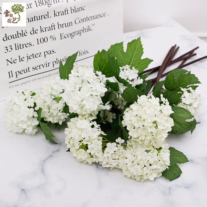 Realistic Two-Headed Snowball Hydrangea Stem with Leaves – Perfect for Wedding and Celebration Decor – Elegant Faux Flowers for Home and Event Styling