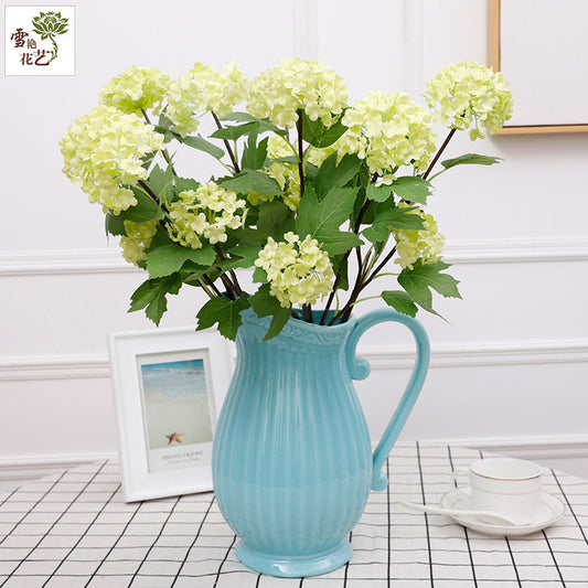 Realistic Two-Headed Snowball Hydrangea Stem with Leaves – Perfect for Wedding and Celebration Decor – Elegant Faux Flowers for Home and Event Styling