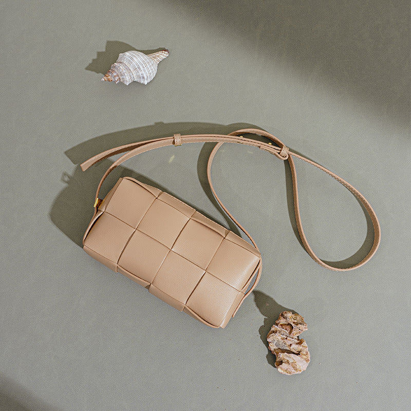 Chic Korean Style Versatile Genuine Leather Women's Woven Checkered Crossbody Bag Quality Small Square Shoulder Bag with Sophisticated Feel