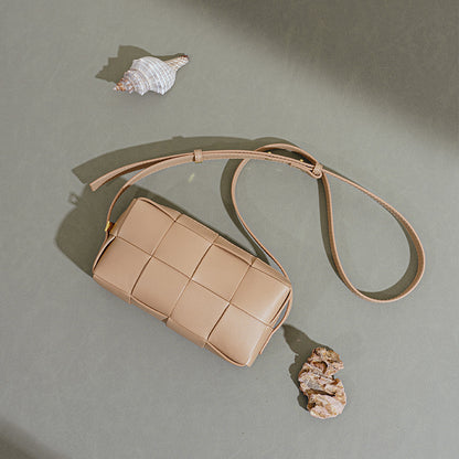 Chic Korean Style Versatile Genuine Leather Women's Woven Checkered Crossbody Bag Quality Small Square Shoulder Bag with Sophisticated Feel