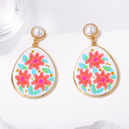 Charming and Elegant Alloy Floral Print Pearl-Like Drop Earrings - Minimalist Fresh Design for Everyday Casual and Workwear