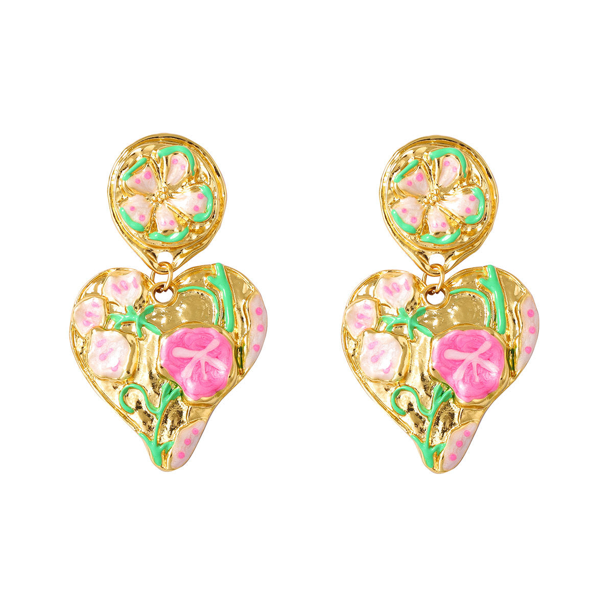 Exquisite Vintage-Inspired Palace-Style Oil Painting Alloy Drop Heart Flower Earrings – Bold Floral Design for Elegant Statement Jewelry
