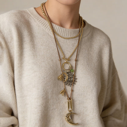 Exaggerated Personality Alloy Sun and Moon Pendant Double Chain Necklace Set – Chic, Luxury Designer Jewelry for Unique Style