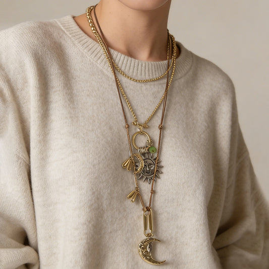 Exaggerated Personality Alloy Sun and Moon Pendant Double Chain Necklace Set – Chic, Luxury Designer Jewelry for Unique Style