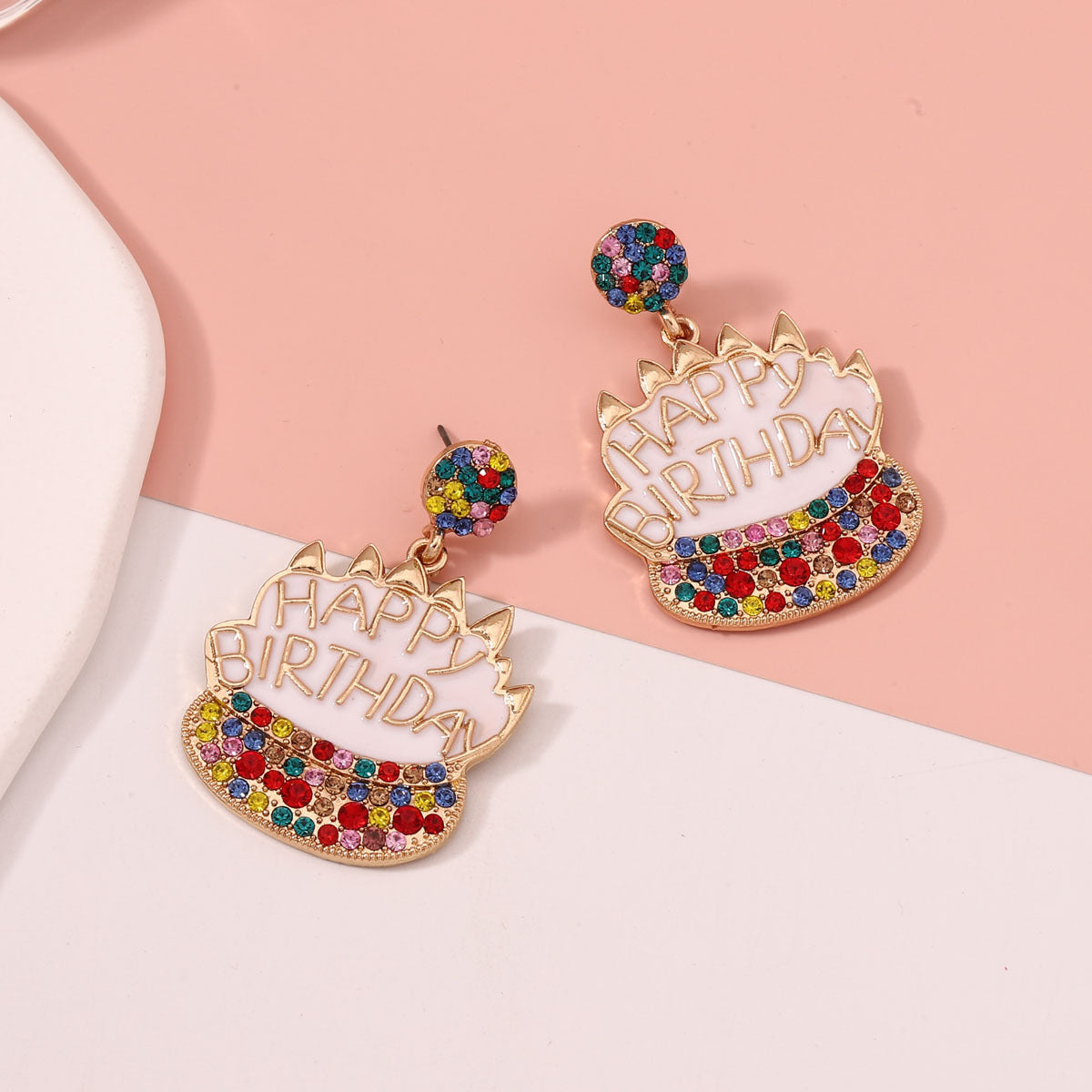 Stylish  Diamond-Embedded Luxury Birthday Cake Earrings – Charming, Casual, and Unique Studs for a Trendy Look