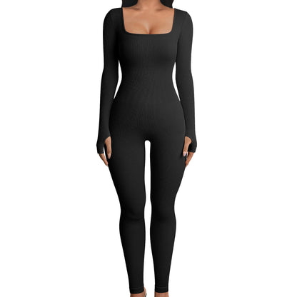 Seamless Ribbed Yoga Bodysuit for Women Outdoor Fitness and Workout Long Sleeve Full Body Smooth All in One Leggings