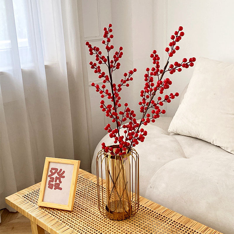 Elegant Faux Flower Arrangement: Realistic European Style Floor Decoration with Stunning Prosperity Berries and Deep Red Mimosa Pods