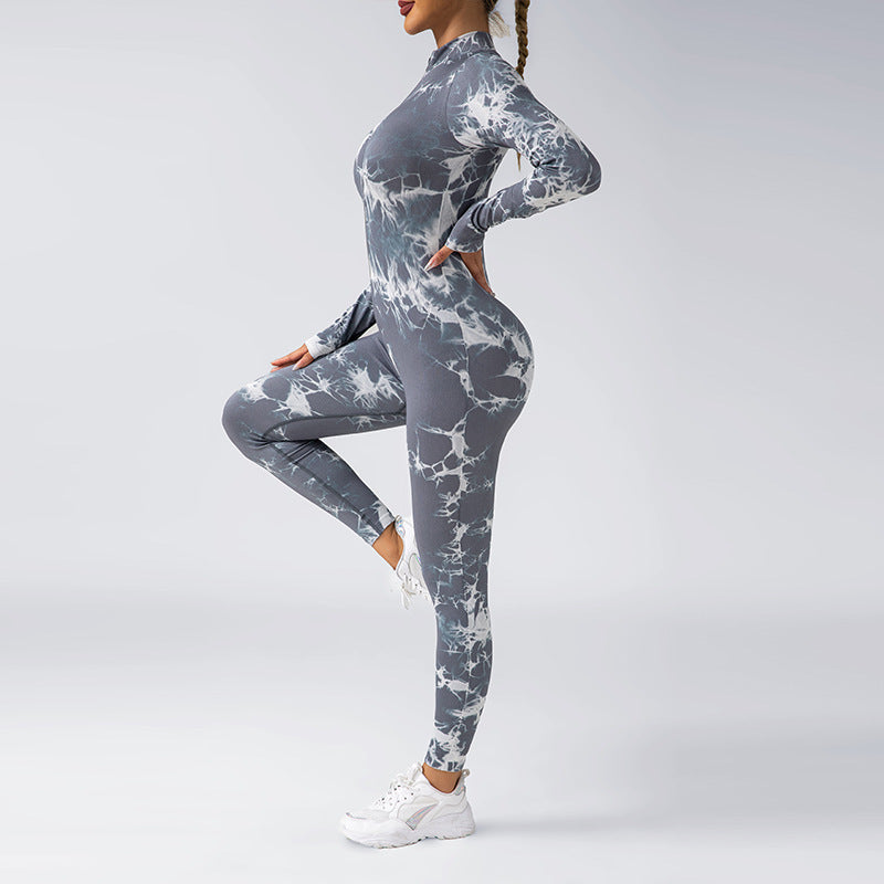 Seamless Tie Dye Long Sleeve Jumpsuit with Chest Padding and Zipper for Running Fitness and Yoga