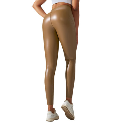 High Waisted Butt Lifting Compression PU Leather Leggings Fluffy Inner Yoga Base Layer Pants 9 10 Length for Comfort and Style