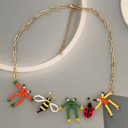 Chic Korean-Inspired Handmade Unique Frog and Bee Animal Pendant Chain Necklace - Creative Design for Nature Lovers