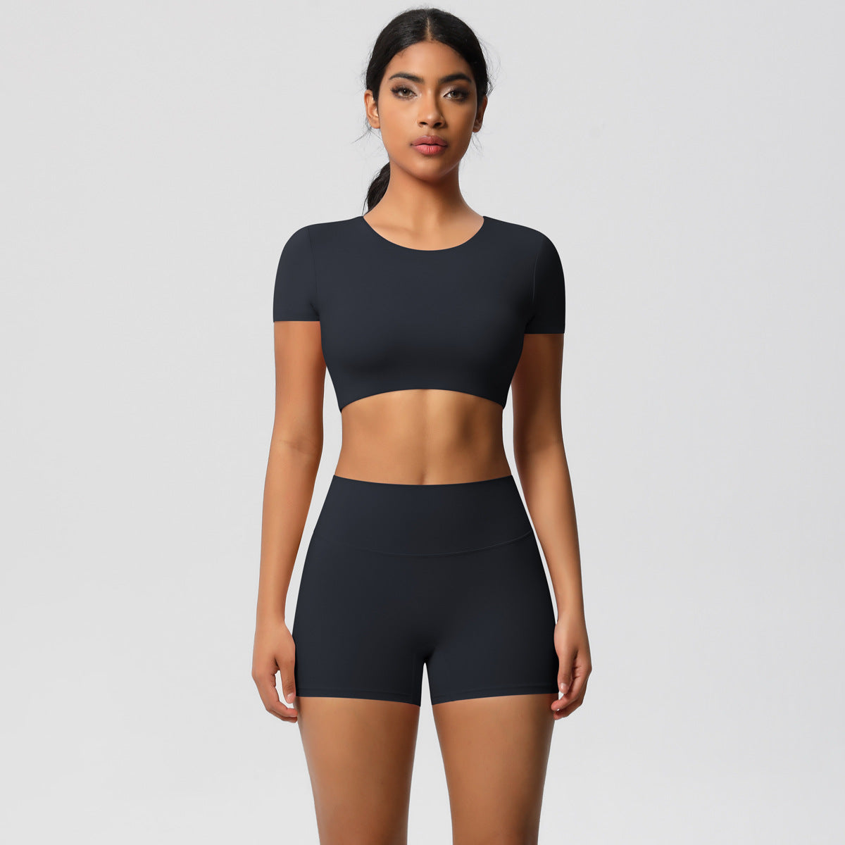 Luxurious Brushed Fabric Short Sleeve High Waist Shorts Set with Built In Chest Padding for Yoga Gym Workouts and Active Lifestyle