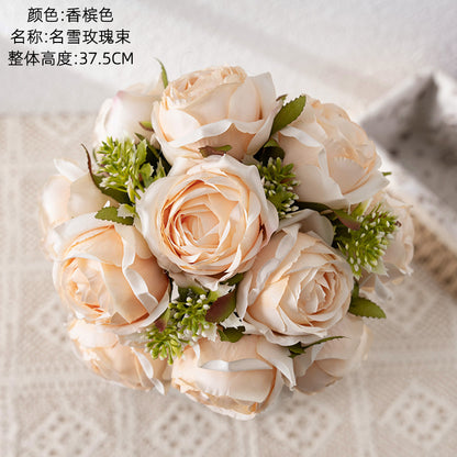 Artificial Snowy Rose Bouquet with Handle - Elegant INS-Style Decorative Faux Flowers for Home Decor - CL04001