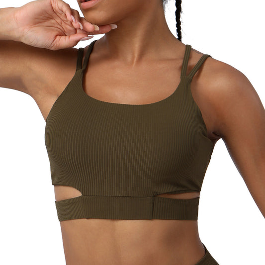 Ribbed Strappy Racerback Sports Bra with Supported Cups for Running Yoga and Fitness Activities for Women