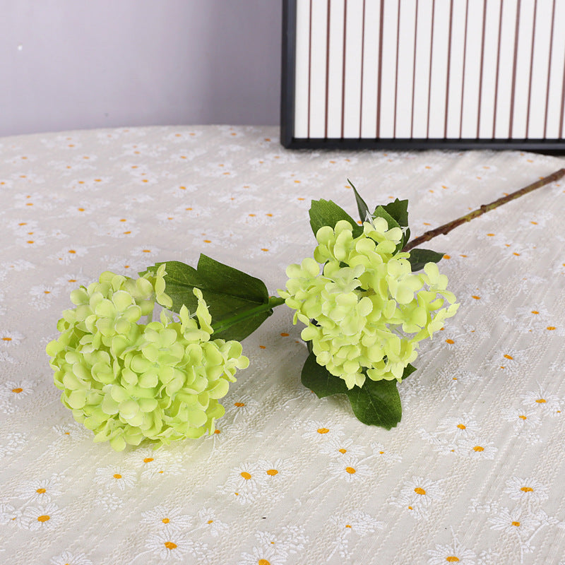 Realistic Two-Headed Snowball Hydrangea Stem with Leaves – Perfect for Wedding and Celebration Decor – Elegant Faux Flowers for Home and Event Styling