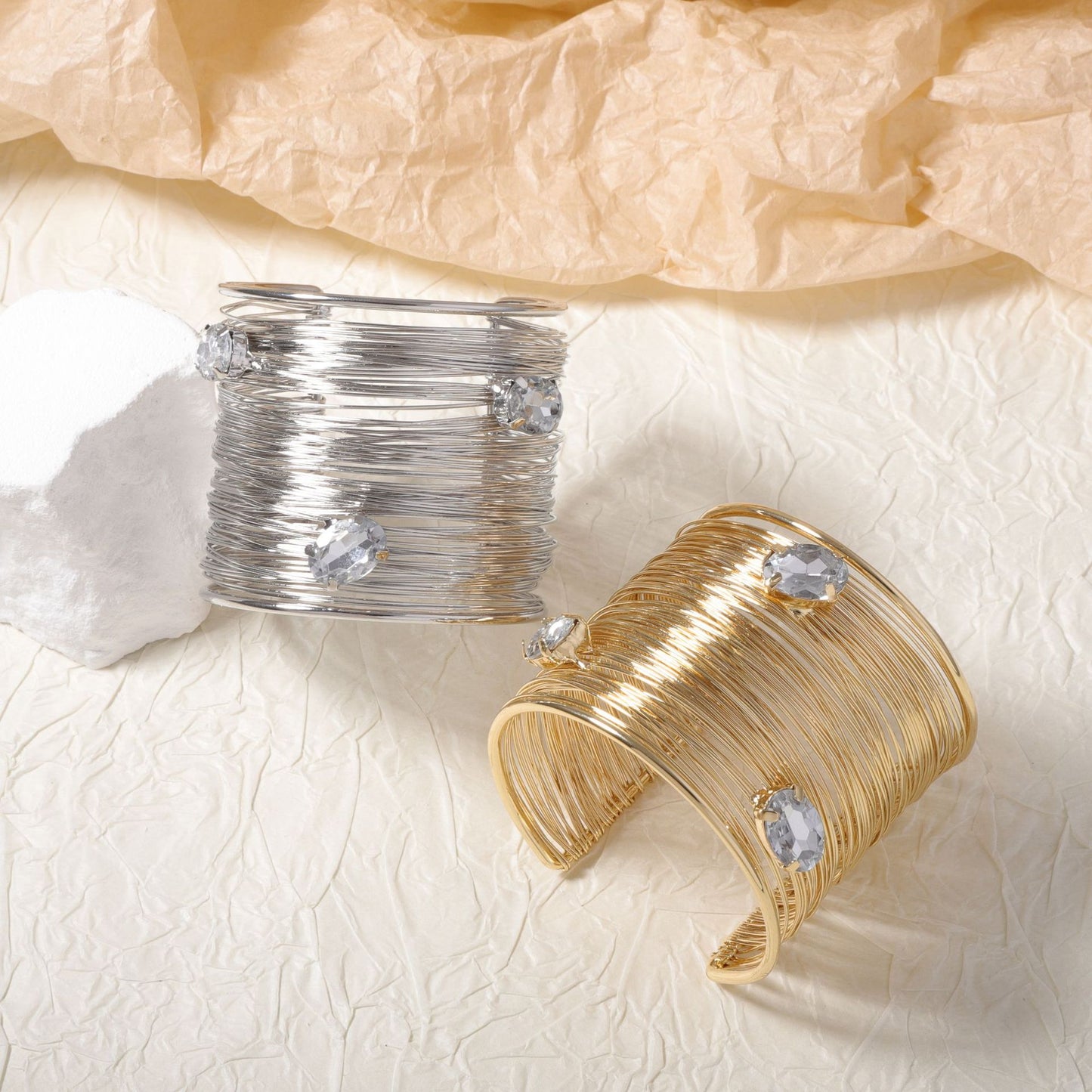 Vintage-Inspired Stylish Multi-Layer Zircon Stone-Accented Women's Cuff Bracelet -  Quality Wire-Wrapped Design for Effortless Elegance