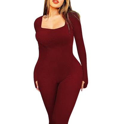 Seamless Ribbed Yoga Bodysuit for Women Outdoor Fitness and Workout Long Sleeve Full Body Smooth All in One Leggings