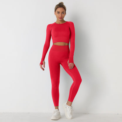 Seamless Solid Color Knit Long Sleeve Yoga Set with Full Length Pants Activewear for Fitness Gym and Outdoor Activities