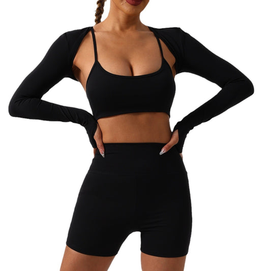 3 Piece Yoga Set Long Sleeve Kimono Tank Top and Shorts and Functional Shaping Fitness Wear for Comfort and Performance