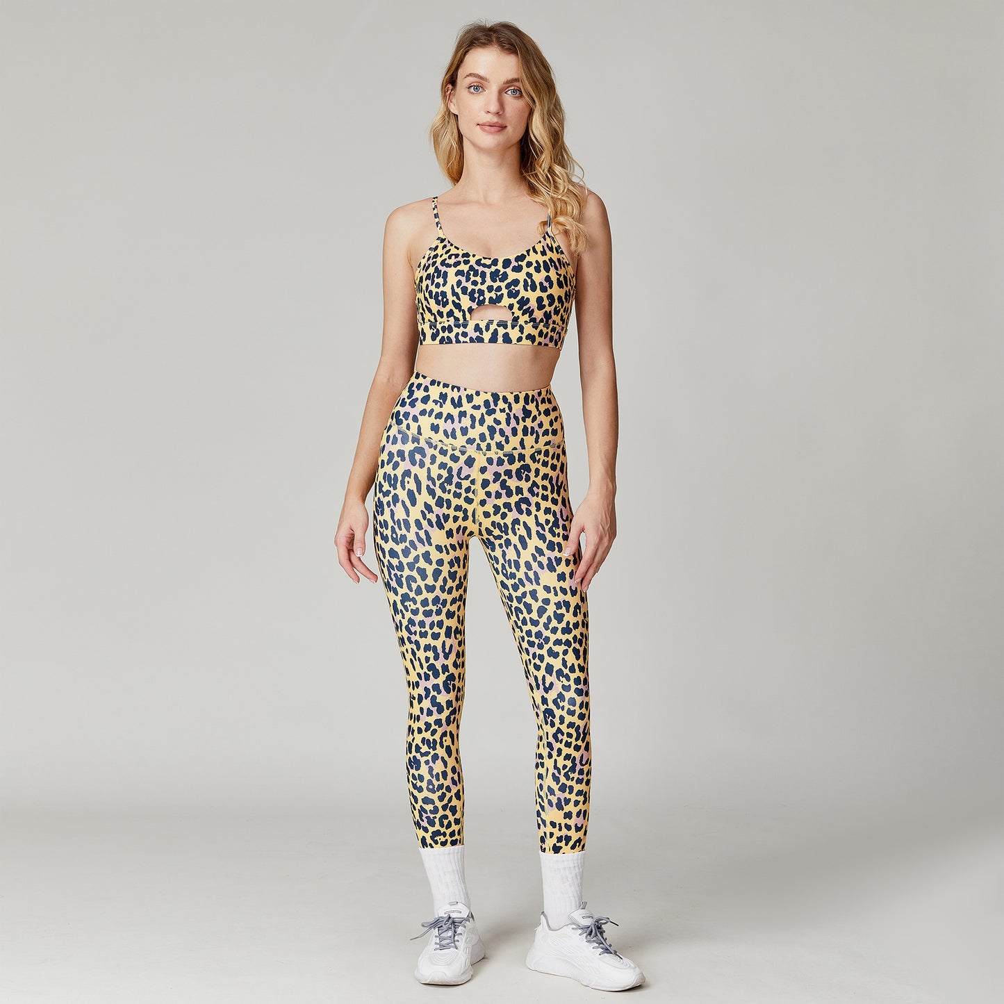 Animal Print Sports Bra High Waist Leggings Set with Ruched Design for Women's Yoga and Workout