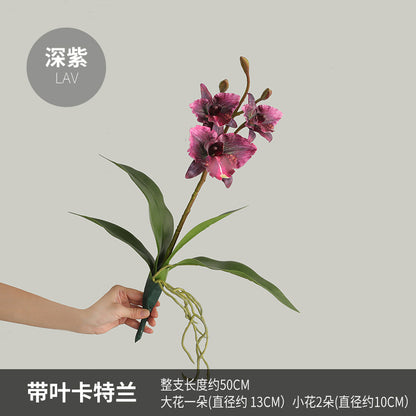 Zen-Inspired Tea Room Decor with Realistic Touch – Orchid Flower Arrangement with Leaves for Living Room and Entryway Accent