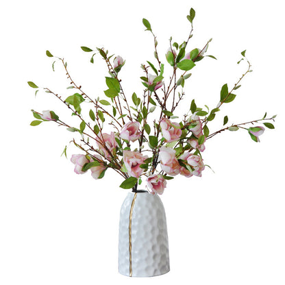 Realistic Faux Magnolia Flowers with Leaves on Soft Fabric Stems - Elegant Home Decor, Classical Long Branches, Multi-headed Floral Arrangement for Weddings and Celebrations