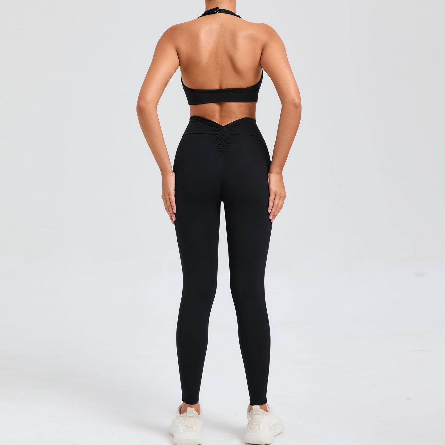 Adjustable Neck Strap Peach Butt High Waisted Leggings with Side Pockets Fit Yoga and Fitness Set for Comfort and Style