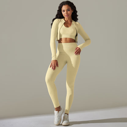 Seamless Solid Color Athletic Yoga Set for Women Long Sleeve High Waisted Butt Lifting Leggings with Double Zipper Design