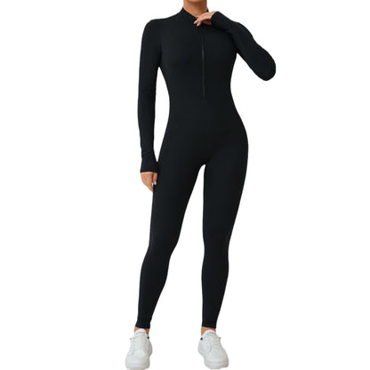 High Performance Long Sleeve Yoga Jumpsuit with Half Zip Removable Chest Padding and Full Coverage for Intense Workouts