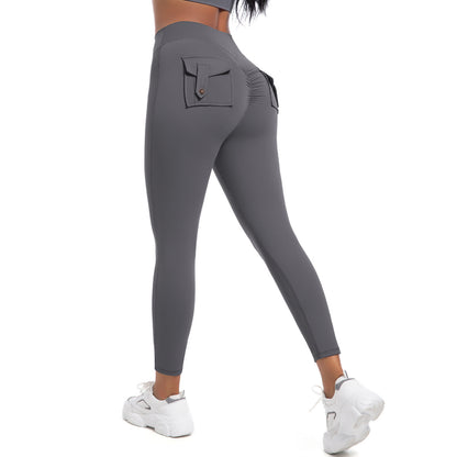 High Waisted Peach Fitness Leggings with Buttoned Pockets Stretchy Quick Dry Tummy Control Yoga Pants for Running and Workout