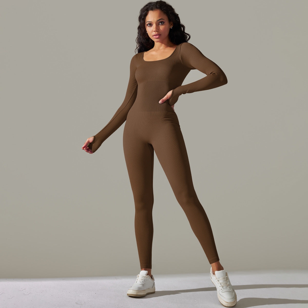 Seamless Knit Square Neck Long Sleeve Yoga Jumpsuit Ribbed Athletic Bodysuit for Comfort and Performance