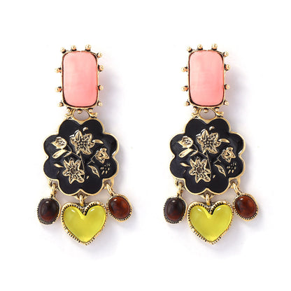 Bohemian Colorful Ethnic-Inspired Composite Gold Drip Oil Inlay Resin Flower Tassel Earrings for Women - Unique Handcrafted Jewelry for Every Occasion