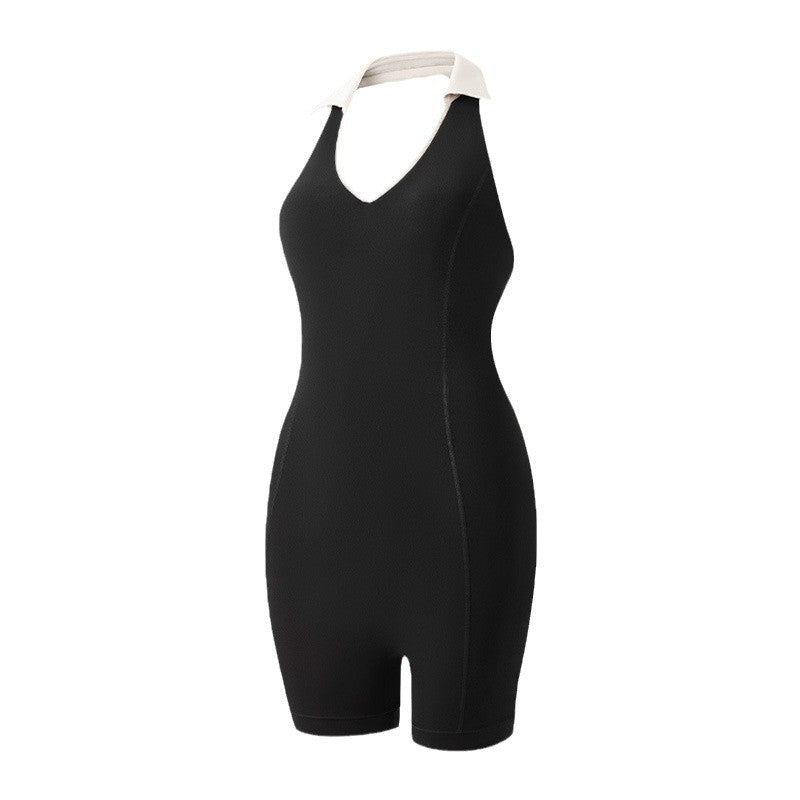 Color Block Backless Jumpsuit with Adjustable Neckline Bust Padding and Sculpting Fit for Yoga Enthusiasts