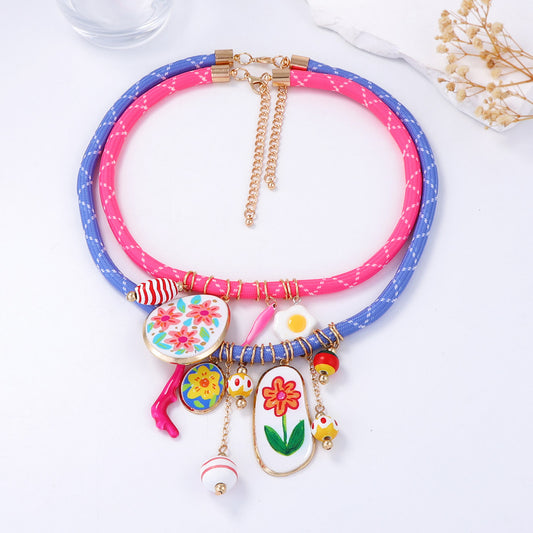 Chic Minimalist Colorful Egg Flower Coral Pendant Layered Geometric Necklace for Women - Stylish and Unique Jewelry Gift