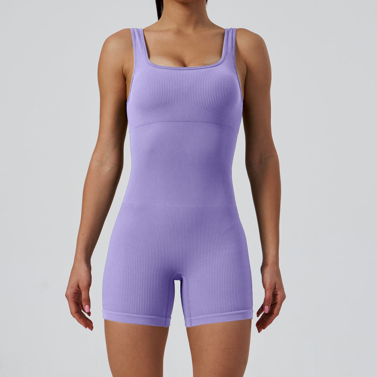 Seamless One Piece Yoga Outfit for Women Sand Washed Square Neck Bodysuit with Shorts for Comfortable Fitness and Workouts