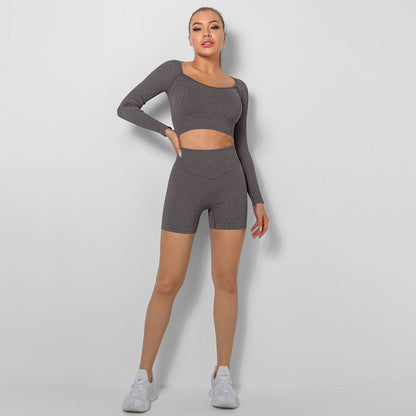 Seamless Ribbed Square Neck Long Sleeve Crop Top and Shorts Yoga Set for Women for Sports Running and Fitness Two Piece Activewear with Comfortable Stretch