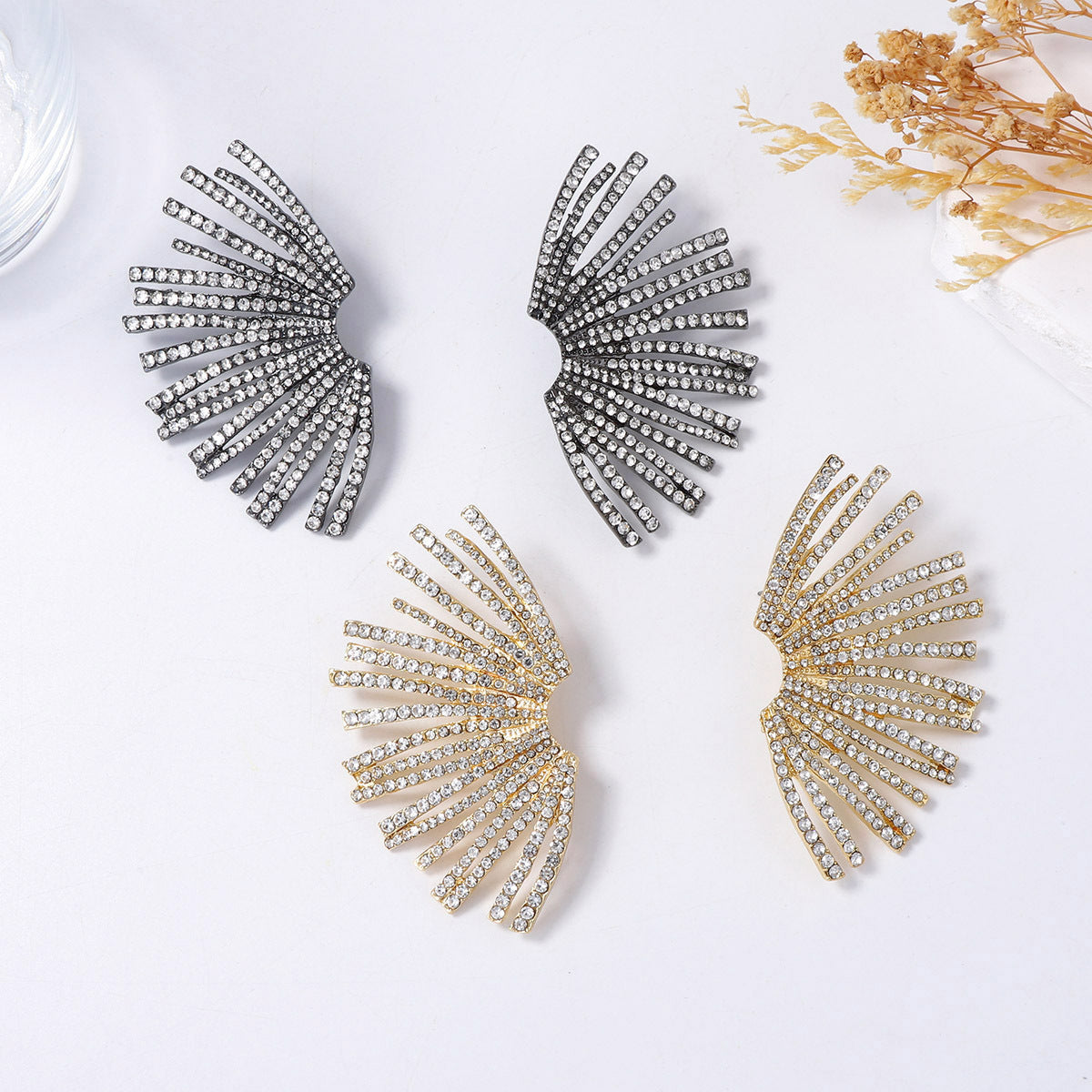Elegant Geometric Irregular Fan-Shaped Alloy Stud Earrings with Full Rhinestones - A Luxurious Minimalist Accessory for Women