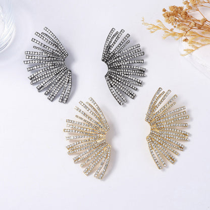 Elegant Geometric Irregular Fan-Shaped Alloy Stud Earrings with Full Rhinestones - A Luxurious Minimalist Accessory for Women