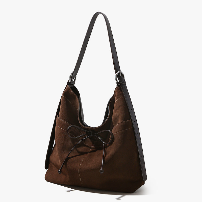 Elegant High Gloss Sanded Leather Bowknot Underarm Bag Spacious Genuine Leather Shoulder Bag for Women