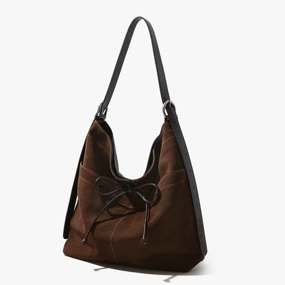 Elegant High Gloss Sanded Leather Bowknot Underarm Bag Spacious Genuine Leather Shoulder Bag for Women